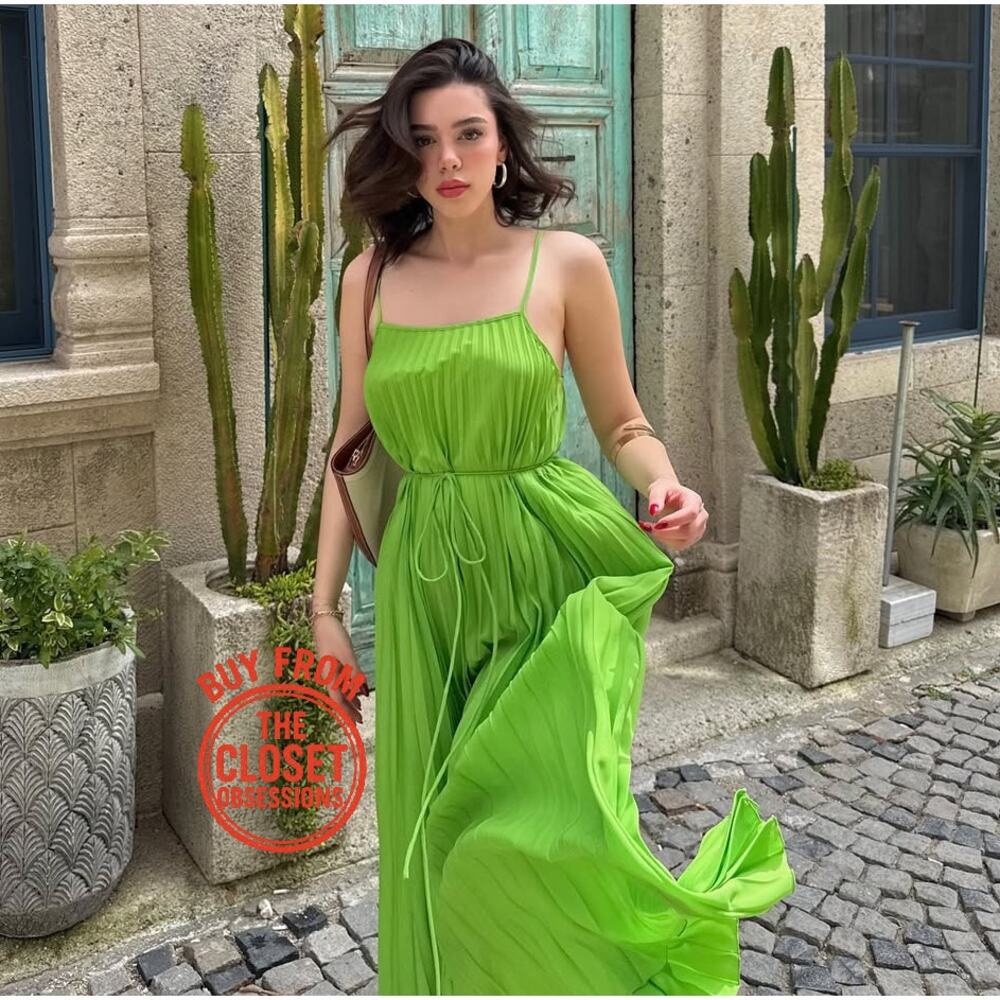 Mango NWT Lime Green Pleated Midi Dress Bow Belt 6 8 - Picture 4 of 16
